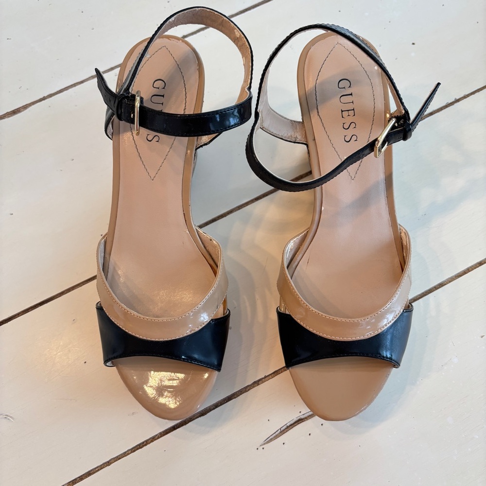 Guess Cork Platform Wedge Sandals Women’s Size 7.5 Black and Tan - Picture 2 of 14